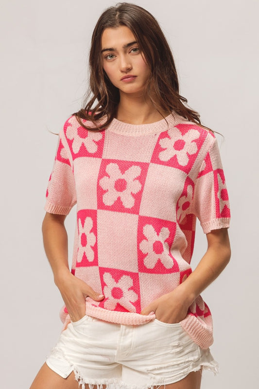 Flower Checker Pattern Short Sleeve Sweater