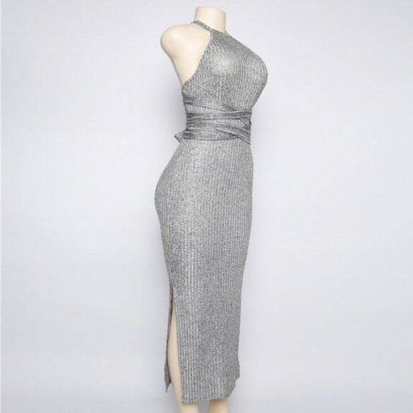 Gray Solid Women Maxi Long Dress