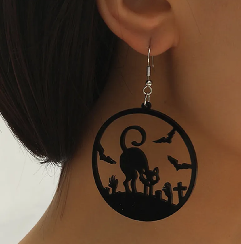 Gothic Cat Bat Drop Earring