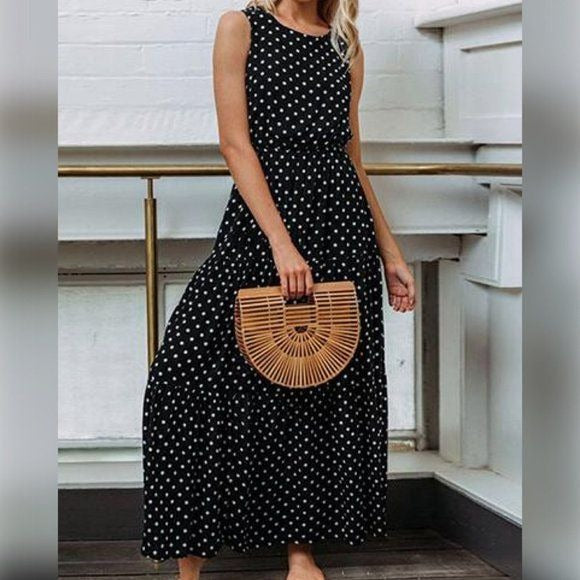 Polka Dot Print Maxi Dress -BLACK