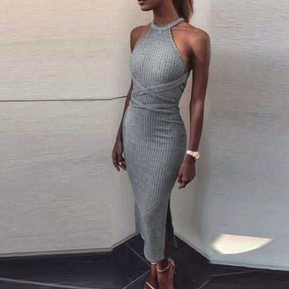 Gray Solid Women Maxi Long Dress