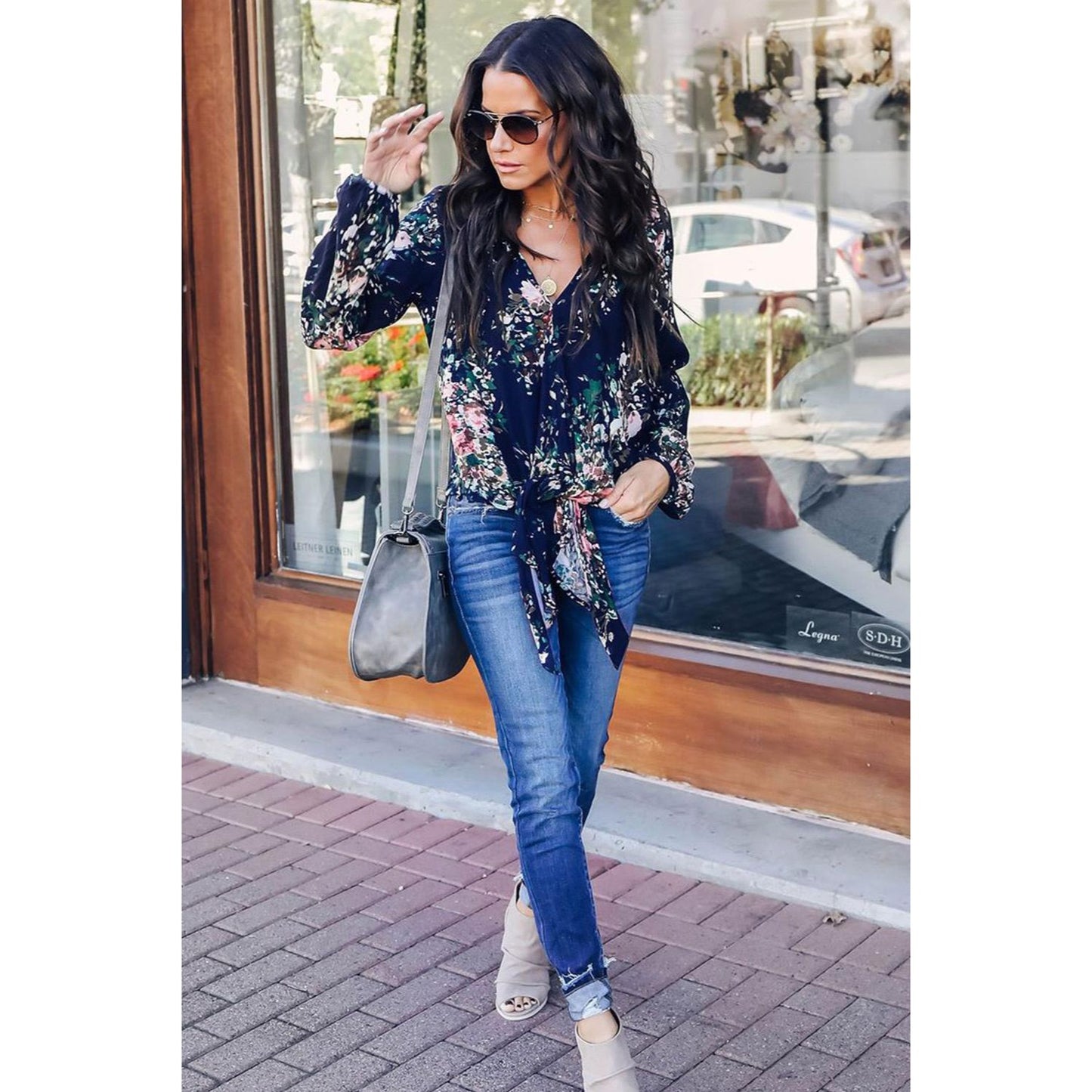 Casual Women V Neck Tie Front Floral Blouse