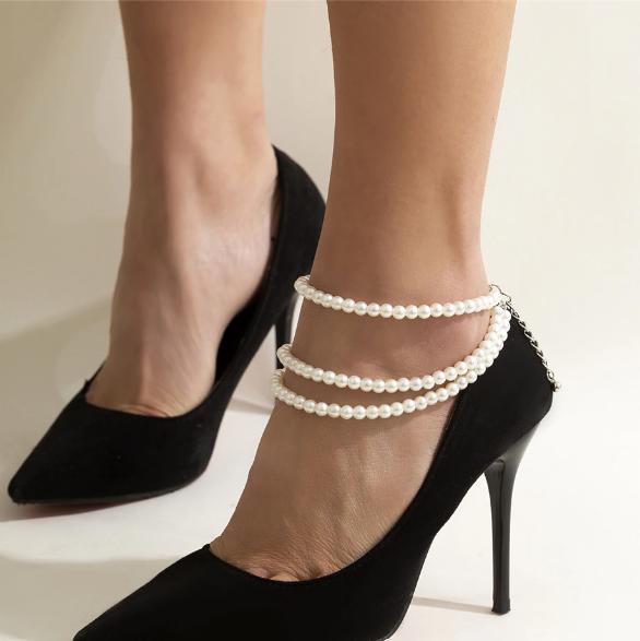 Multilayer Tassel Pearl Chain Anklets