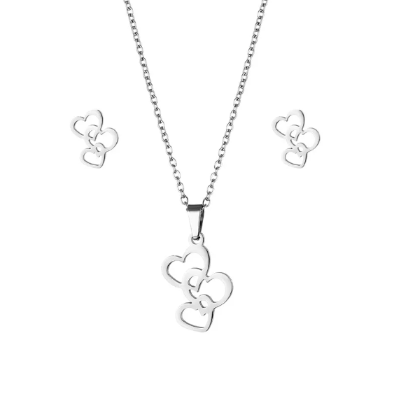Stainless Steel Triple Heart Necklace & Earring Set