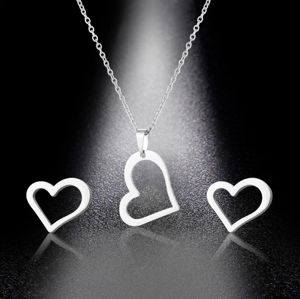 Stainless Steel Heart Silver Necklace & Earring Set