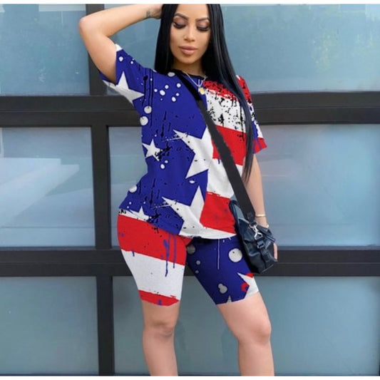 American Flag Print Women Two Piece Shorts Set