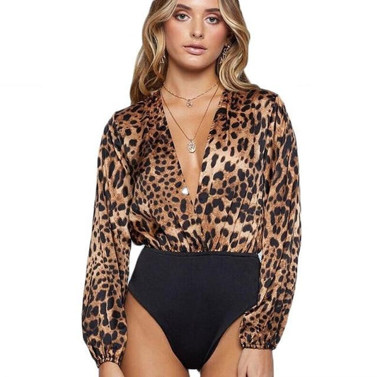 Long Sleeve Women Leopard V Neck Bodysuit