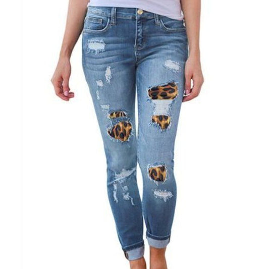 Leopard Print Insert Women Distressed Skinny Jeans