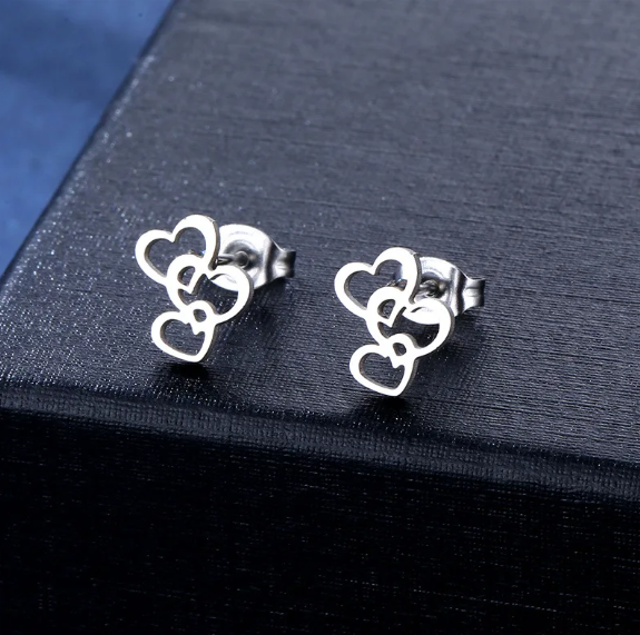Stainless Steel Triple Heart Necklace & Earring Set