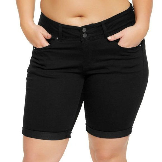 Roll Up Cuffs Women Black Denim Shorts