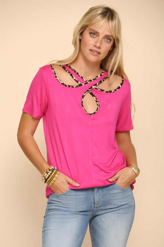 Crisscross Cutout Leopard Contrast Trim T-Shirt