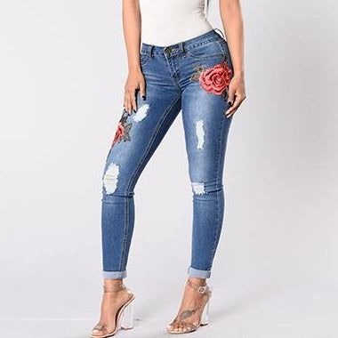 Rose Print Women Blue Jeans