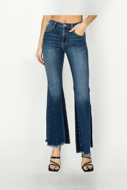 High Rise Side Shadow Seam Detail Slit Flare Jeans