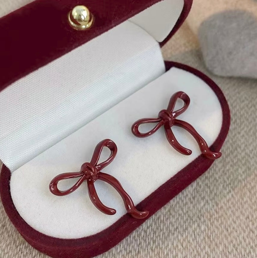 Burgundy Bowknot Stud Earrings