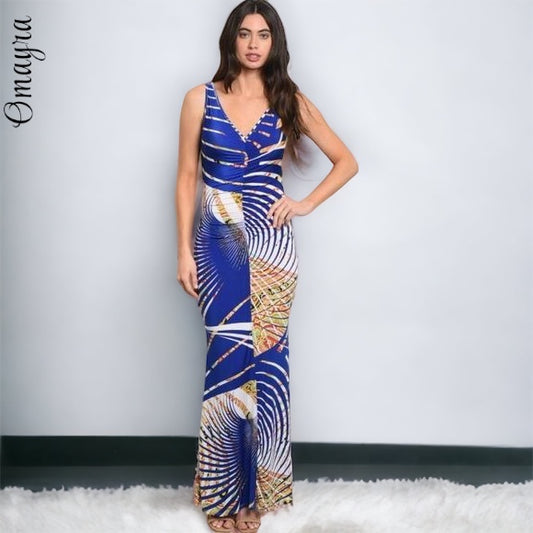 Women Blue Long V-Neck Maxi Dress