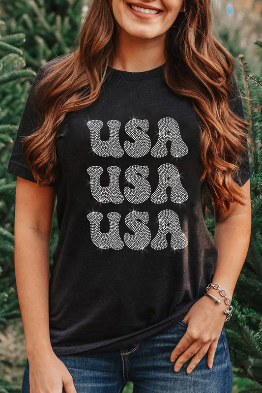 Black Rhinestone Crewneck T Shirt USA Graphic