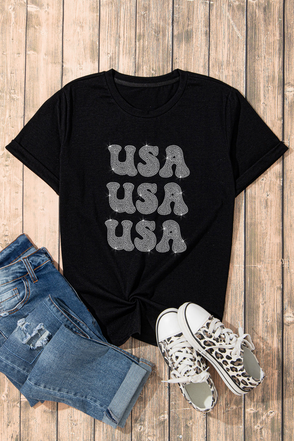 Black Rhinestone Crewneck T Shirt USA Graphic