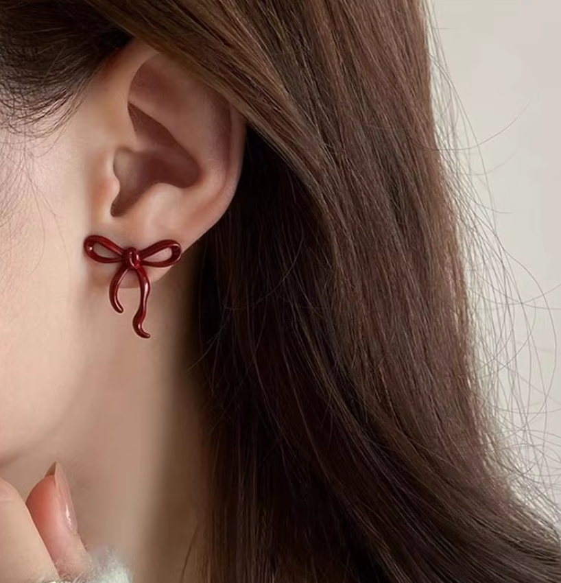 Burgundy Bowknot Stud Earrings