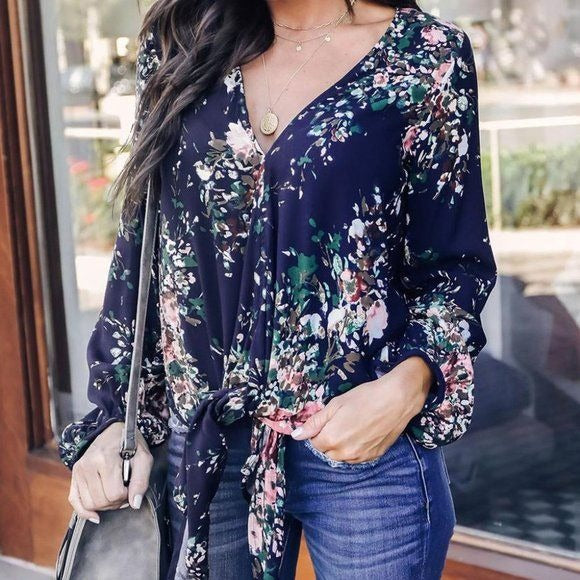 Casual Women V Neck Tie Front Floral Blouse