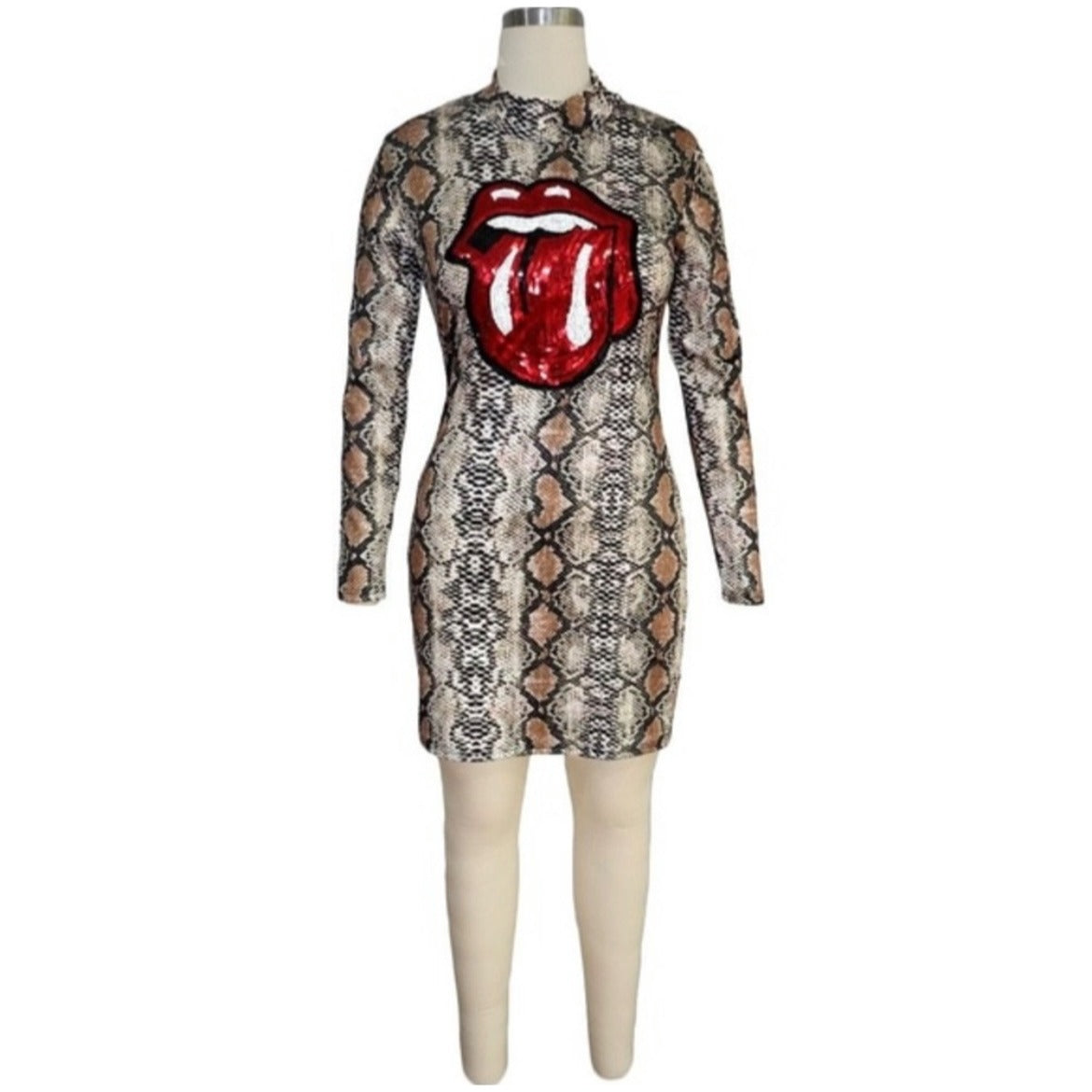 Leopard Red Lip Long Sleeve Women Short Dress