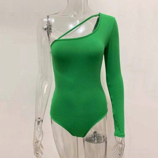 Single Shoulder Women Green Bodysuit