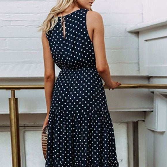 Polka Dot Print Maxi Dress -BLACK
