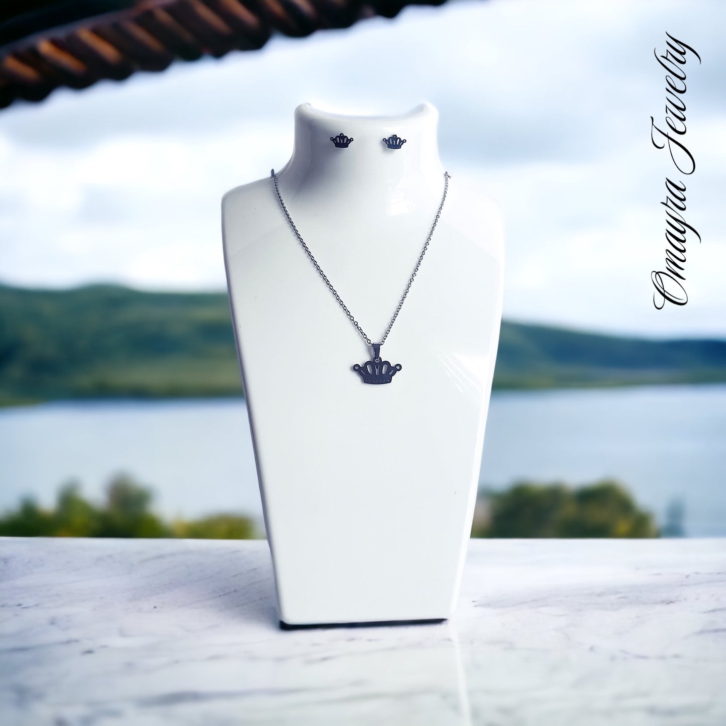 Stainless Steel Crown Necklace & Earring Set