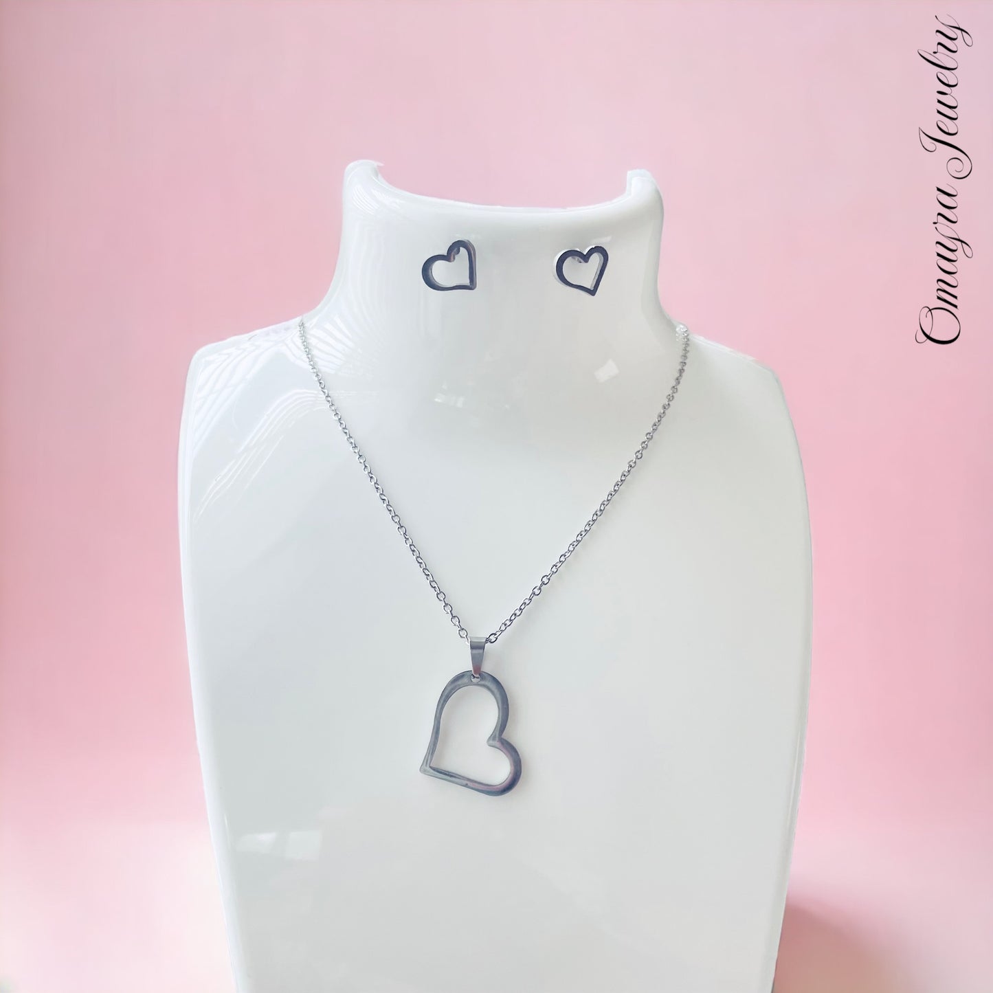 Stainless Steel Heart Silver Necklace & Earring Set