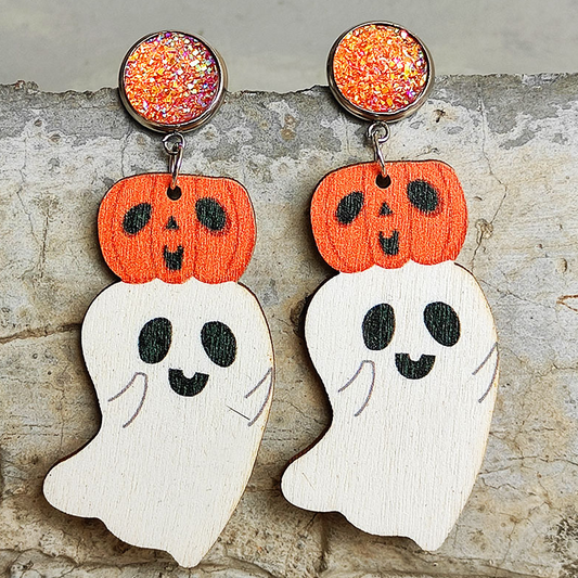 Pumpkin Ghost Wood Drop Earrings