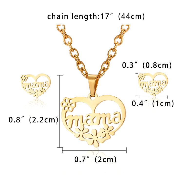 Stainless Steel Mama Love Heart Rose Flower Pendant Necklace Earrings Set