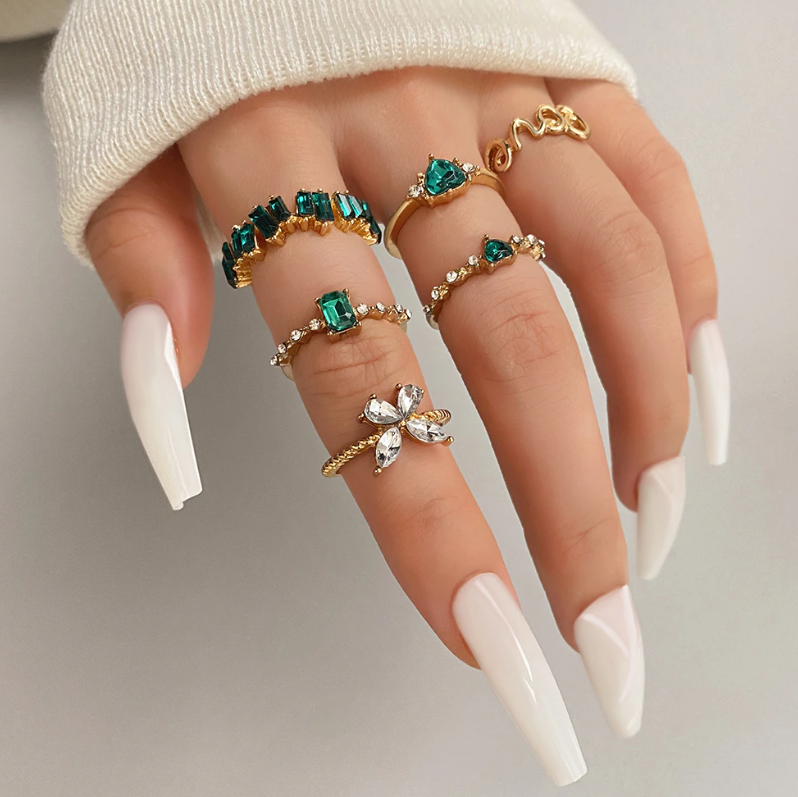 Emerald Green and Gold 6 Ring Set