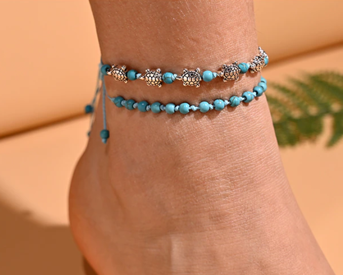 2Pcs Knotted Handmade Bohemian Turtle Anklet Bracelet