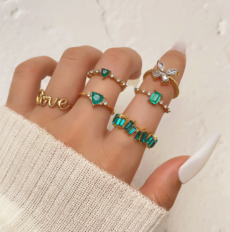 Emerald Green and Gold 6 Ring Set