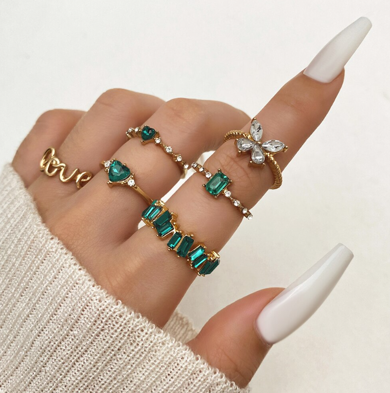 Emerald Green and Gold 6 Ring Set