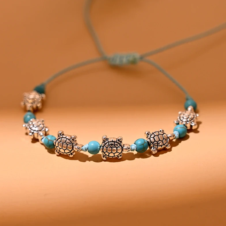 2Pcs Knotted Handmade Bohemian Turtle Anklet Bracelet