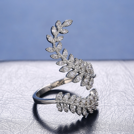 Silver Sterling Open Crystal Leaves Ring