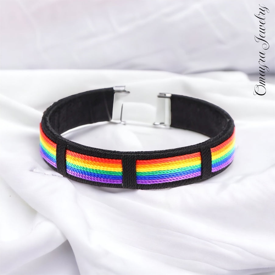 Rainbow String Bangle & Charms Open Cuff Bracelet