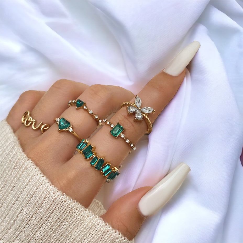 Emerald Green and Gold 6 Ring Set