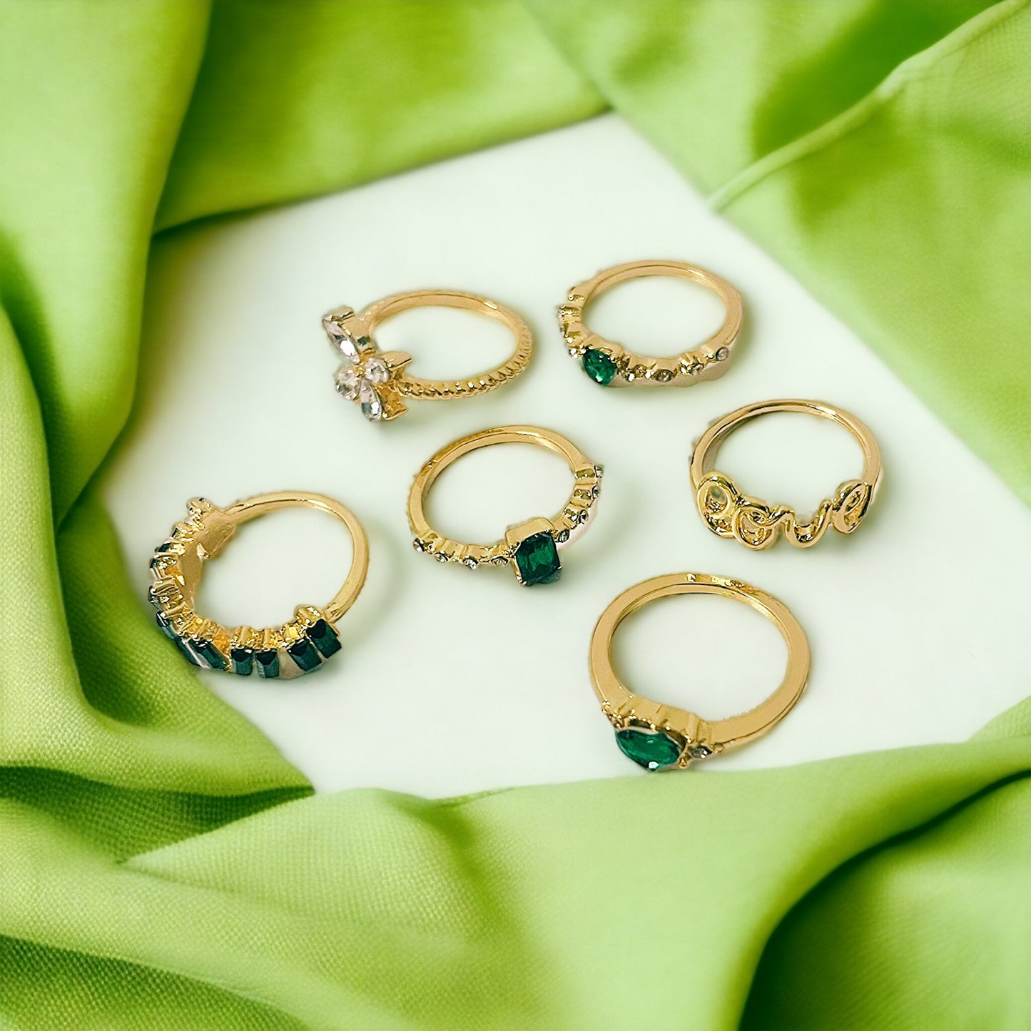 Emerald Green and Gold 6 Ring Set